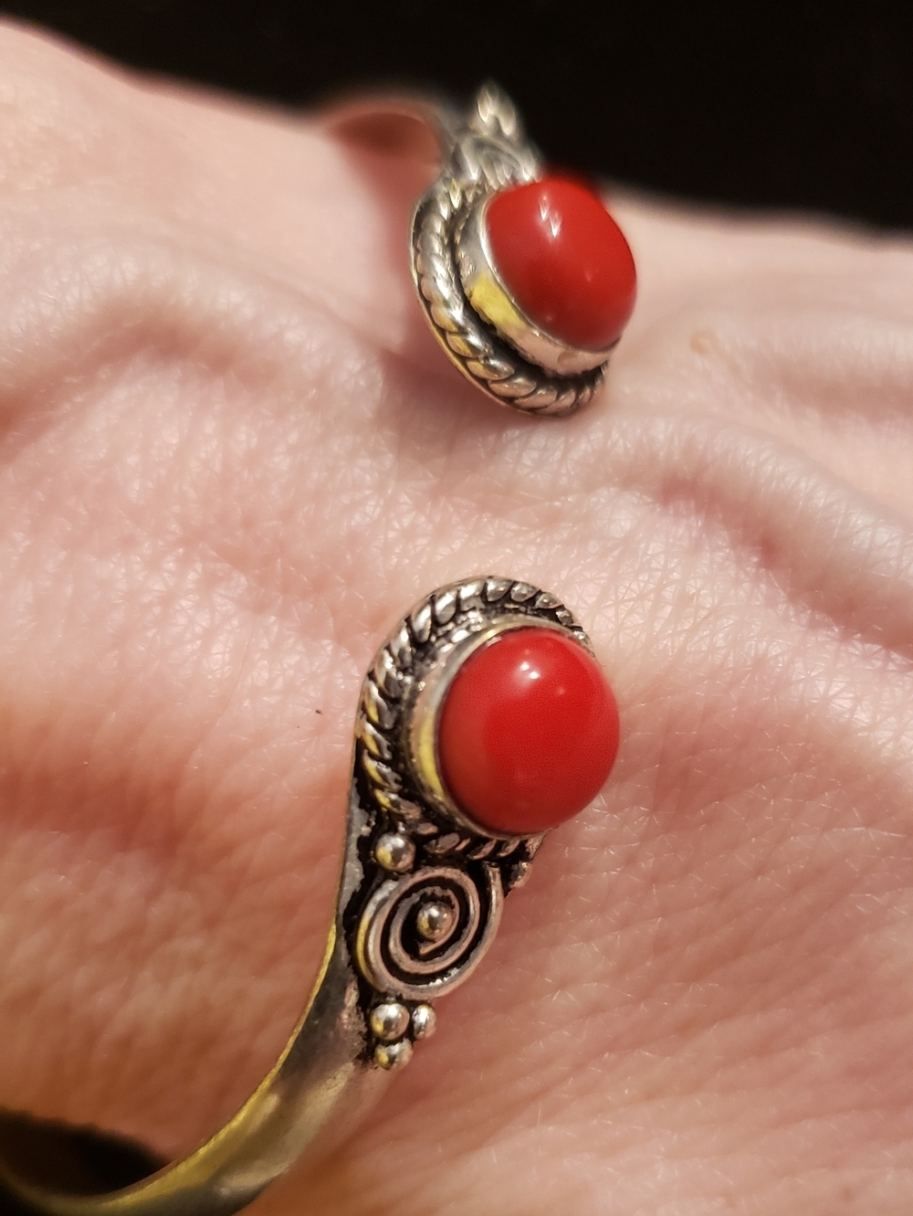 Red Coral & Silver Plated Adjustable Bangle Bracelet.The Perfect Red! Bundle It! - Picture 2 of 5